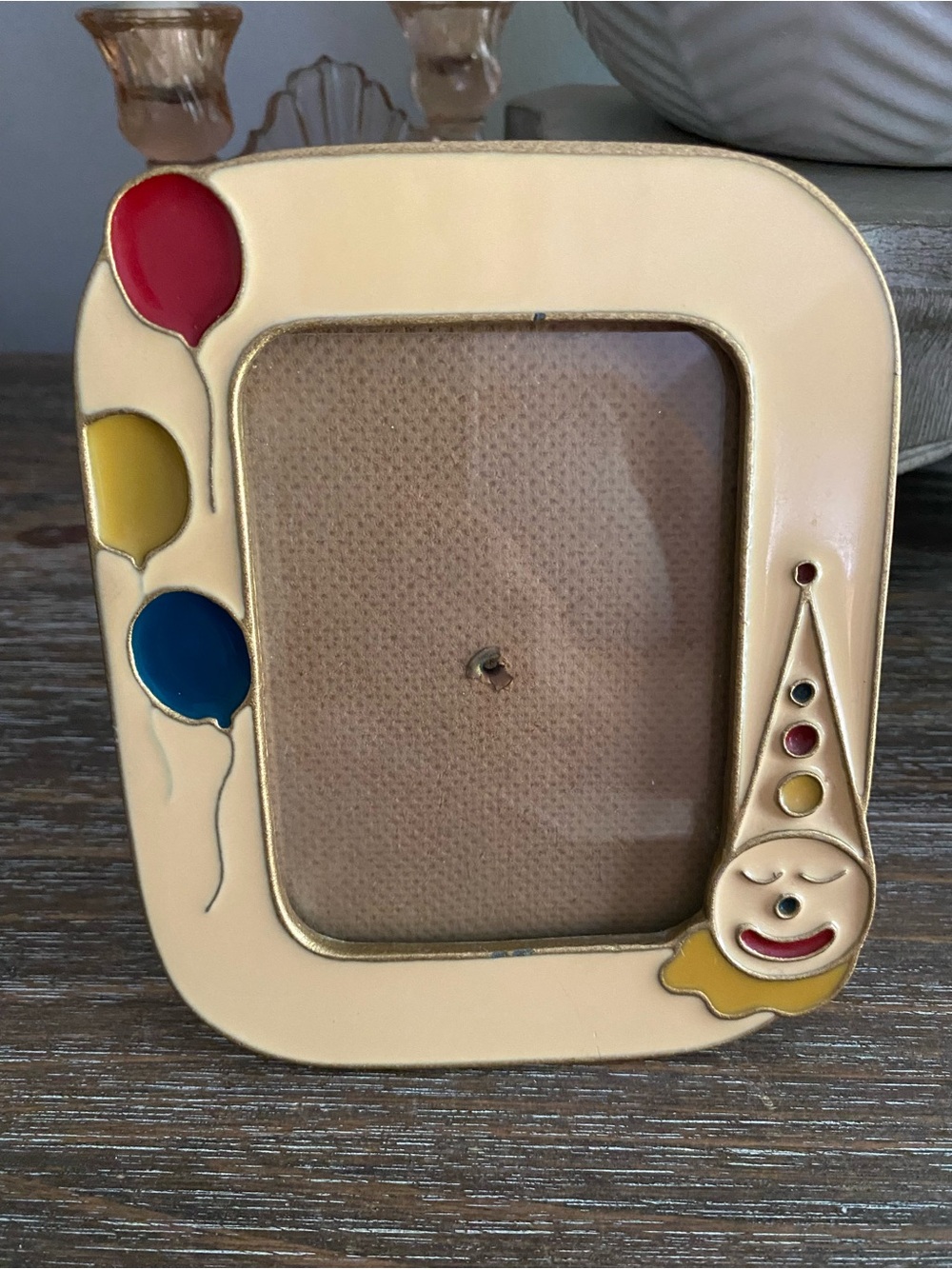 Vtg Bucklers Brass Enamel Clown Balloons Picture Frame Beige Red Yellow Blue 4x6